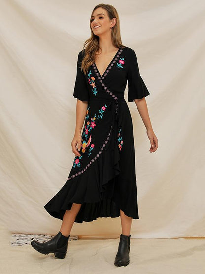 Embroidered V-neck Lace-up Dress