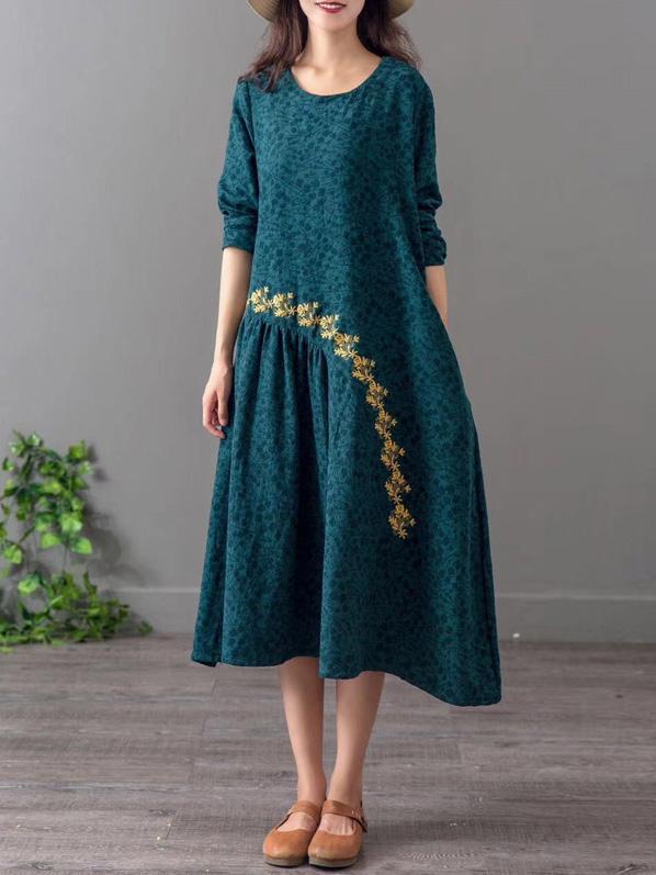 Loose Jacquard Embroidered A-line Long Dress
