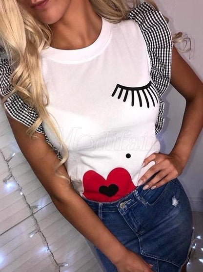 Cartoon Floral Printed Falbala Sleeves T-shirt