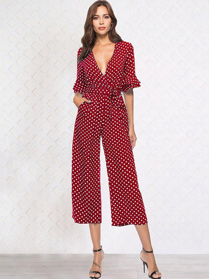Printed Belted V-neck Half Sleeves Jumpsuit