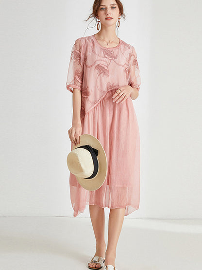 Original Artistic Retro Loose Embroidered Pleated Split-Joint Midi Dress