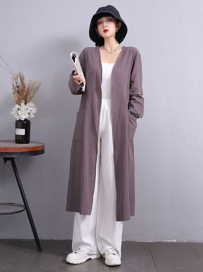 Simple Ramie Cotton Solid Color Long Sleeves Long Outerwear
