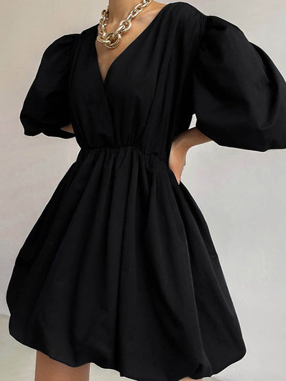 Simple Solid Color Pleated V-Neck Bishop Sleeves  Mini Dress
