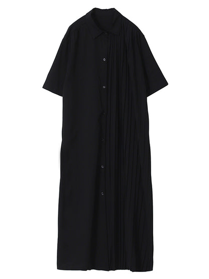 Stylish Split-Joint Pleated Belted Lapel A-Line Short Sleeves Midi Dress