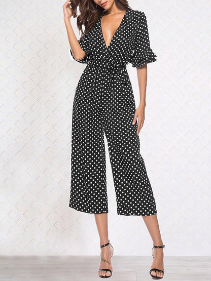 Printed Belted V-neck Half Sleeves Jumpsuit