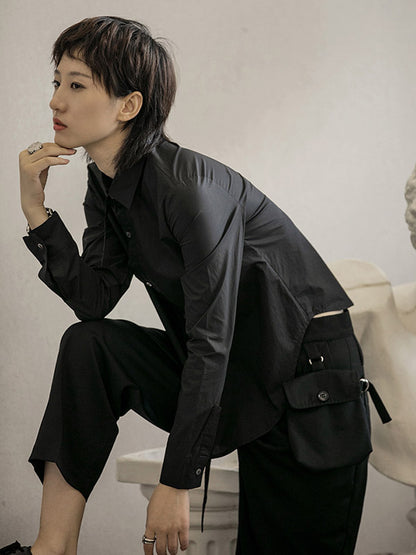 Urban Asymmetric Solid Color Buttoned Lapel Long Sleeves Blouse Tops