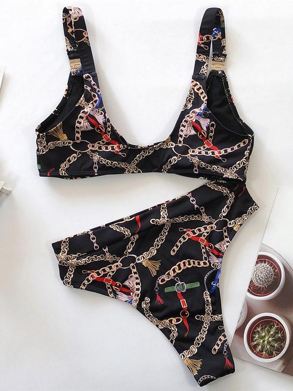 Floral-Print Triangle Split Bikini Swimsuit