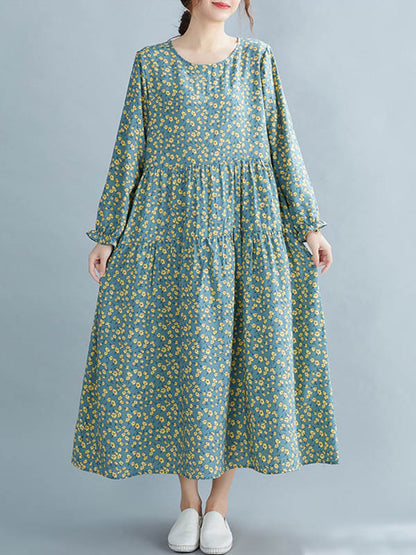 Artistic Retro Floral Printed Pleated Round-Neck Long Sleeves Midi Dress