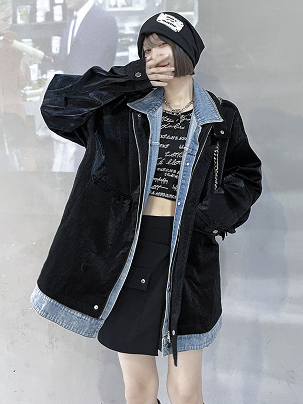 Original Stylish Cool Denim Split-Joint With Pocket Buttoned Lapel Collar Long Sleeves False Two Outwear