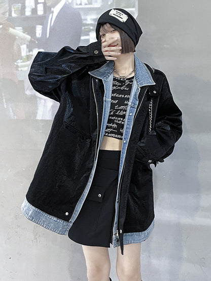 Original Stylish Cool Denim Split-Joint With Pocket Buttoned Lapel Collar Long Sleeves False Two Outwear