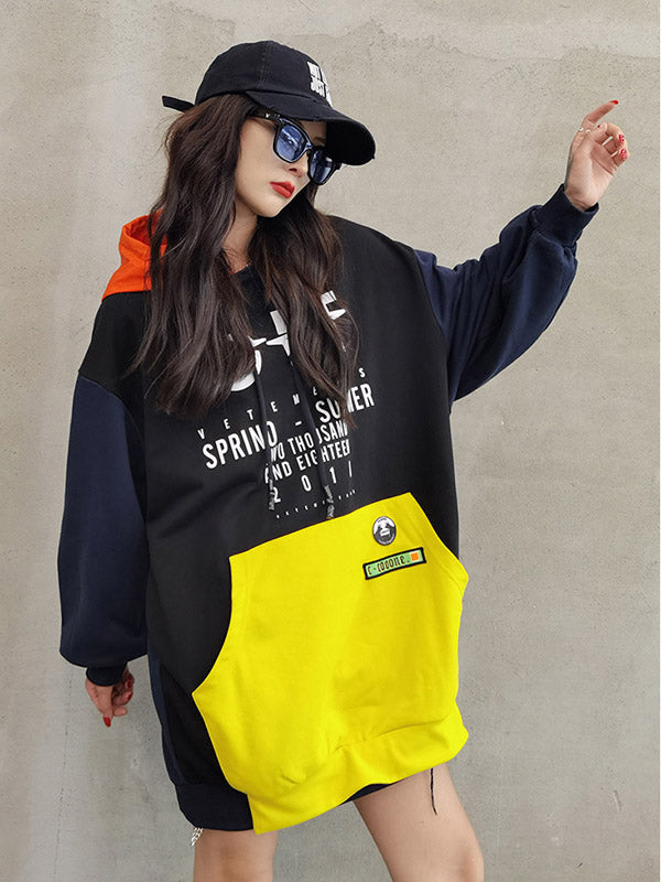 Original Split-Joint Contrast Color Letter Printed Batwing Sleeve Drawstring Hoodies