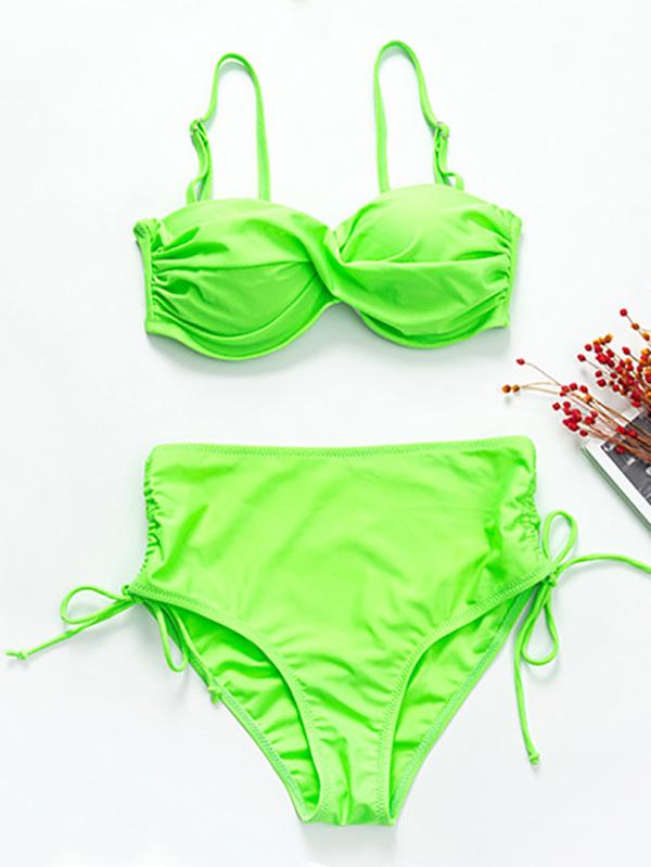 Solid Color Twist Bandage Split Bikini Swimsuit