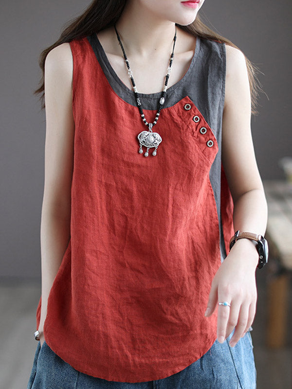 Leisure Split-Joint Linen Contrast Color Round-Neck Vest