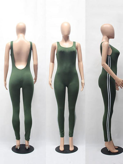 Striped Backless Athletic Jumpsuits