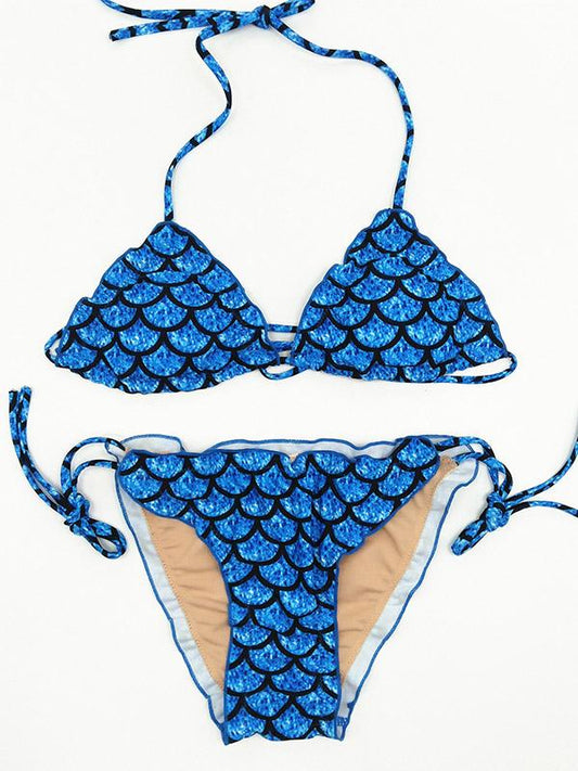 Blue Printed Spaghetti Straps Bikinis Swimwear