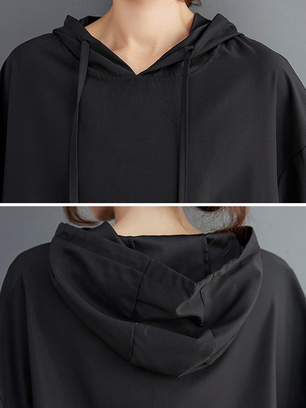 Casual Split-Side Solid Color Hooded Drawstring Long Sleeves Midi Dress