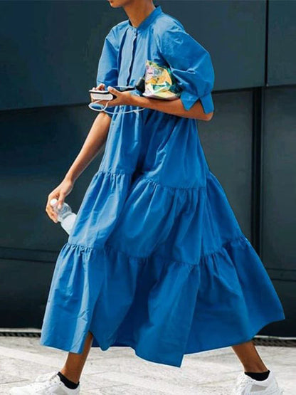 Original Solid Color Split-Joint Pleated Buttoned Stand Collar Half Puff Sleeves Midi Dress