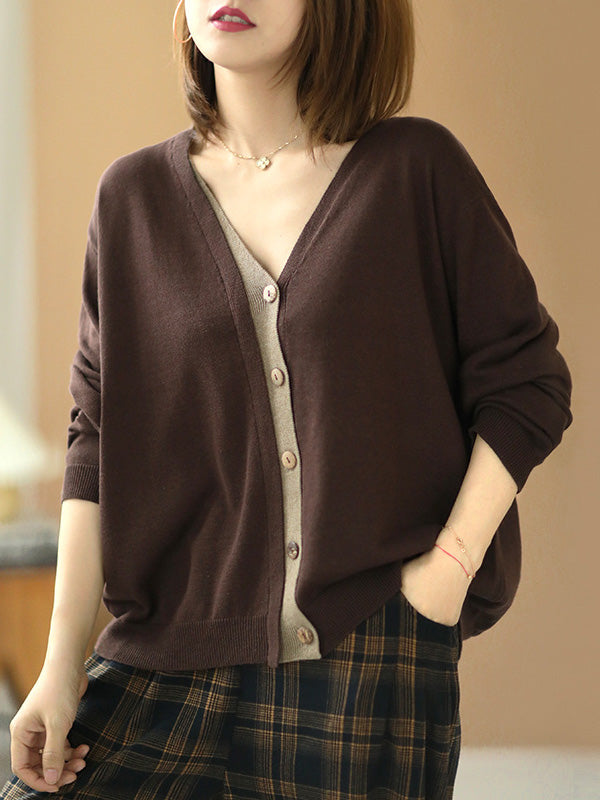 Simple Contrast Color Long Sleeves Cardigan Top