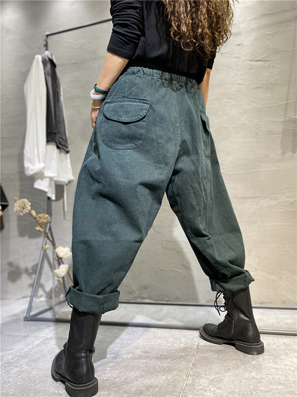 Casual Solid Color With Pockets Drawstring Harem Pants