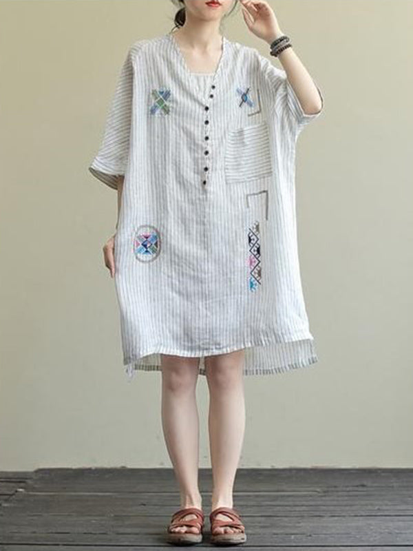 Cotton Blend Embroidered V-Neck Striped Mini Dress