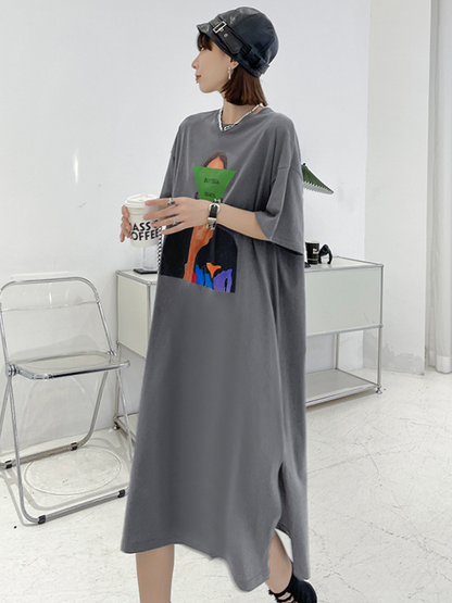 Casual Solid Color Printed Split-Side Short Sleeves H-Line Midi Dress