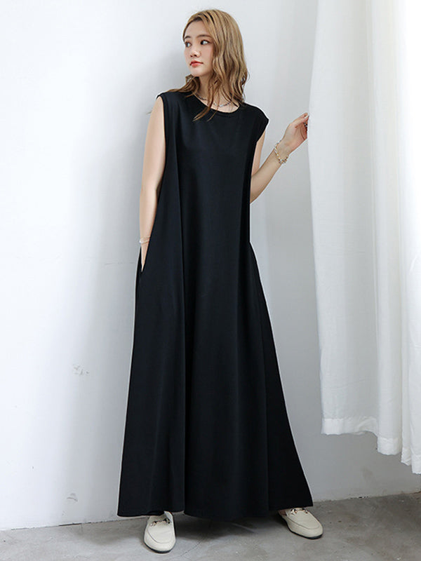 Simple Solid Color Oversized A-Line Round-Neck Cap Sleeves Maxi Dress