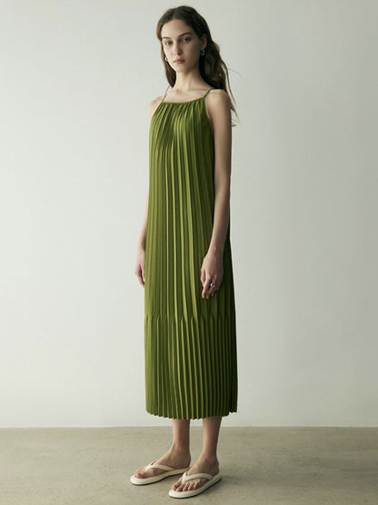 Fashion Spaghetti-Neck Solid Color Pleated Vest Dress Midi Dress