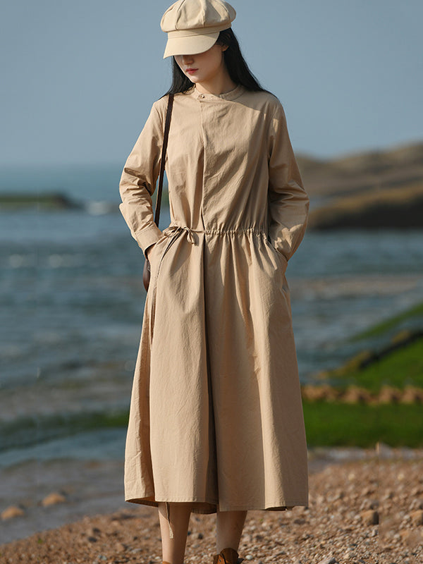 Casual Long Sleeves Loose Tied Asymmetric Solid Color Stand Collar Midi Dresses