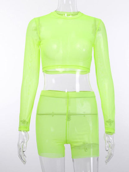 Mesh Long Sleeves Tops And Wrap Shorts Suits