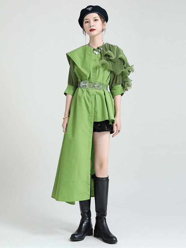 Stylish Irregular 4 Colors Split-Joint Pleated Mesh Falbala Buttoned Lapel Collar Bishop Sleeves Blouse