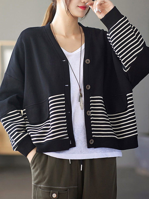 Casual Striped Buttoned V-Neck Batwing Sleeve Outerwear