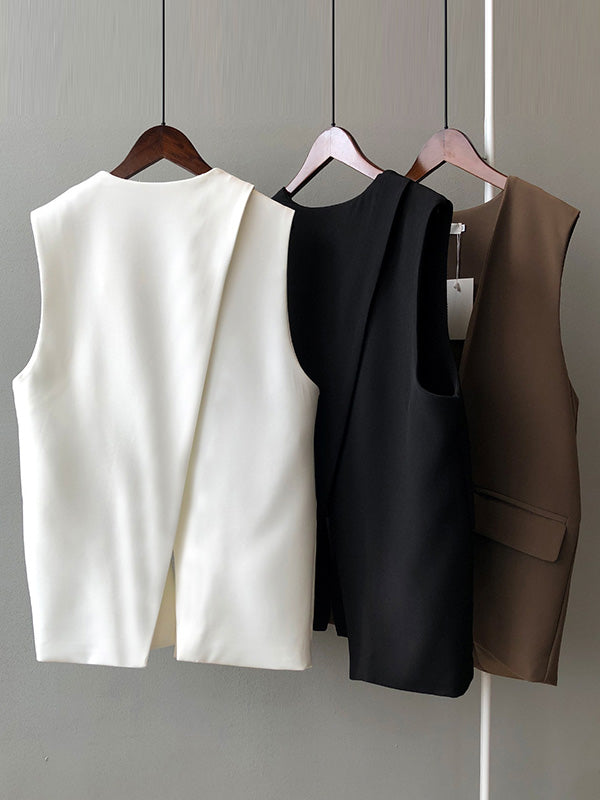 Urban Solid Color Split-Joint With Pocket Split-Back V-Neck Sleeveless Vest Outwear