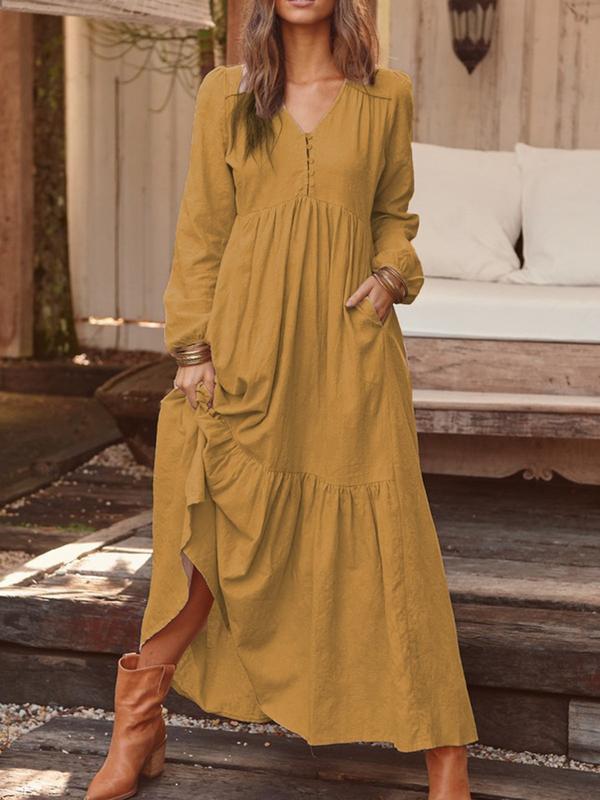 Long Sleeve Simple V-neck Maxi Dress