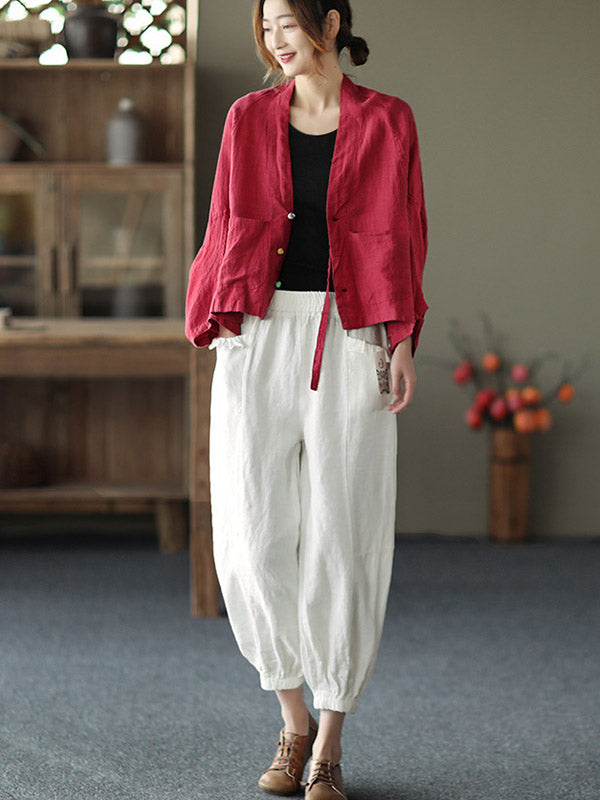 Casual V-Neck Linen Batwing Sleeves Outerwear