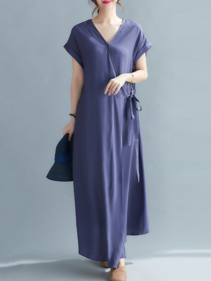 Casual Loose Solid Color Tied V-Neck Short Raglan Sleeves Maxi Dress