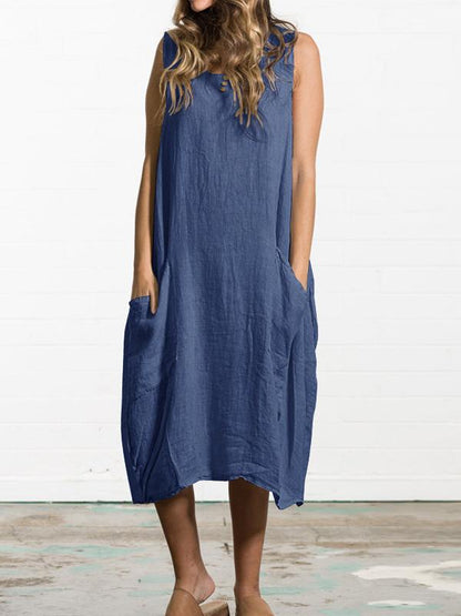 Popular 2 Colors Sleeveless Loose Midi Dress