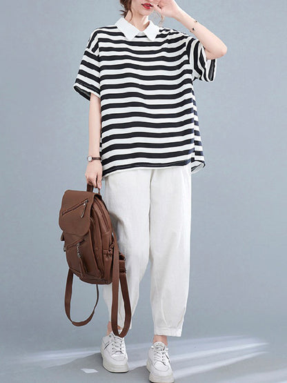 Urban Stripe Half Sleeve Lapel T-Shirt Top