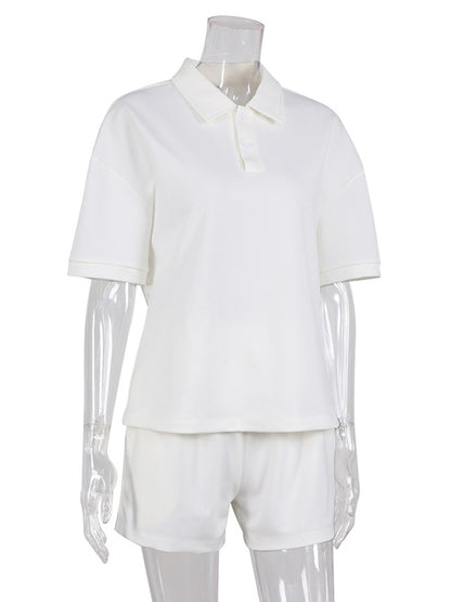 Simple White Lapel Polo Collar T-Shirt+ Shorts Two Pieces Set