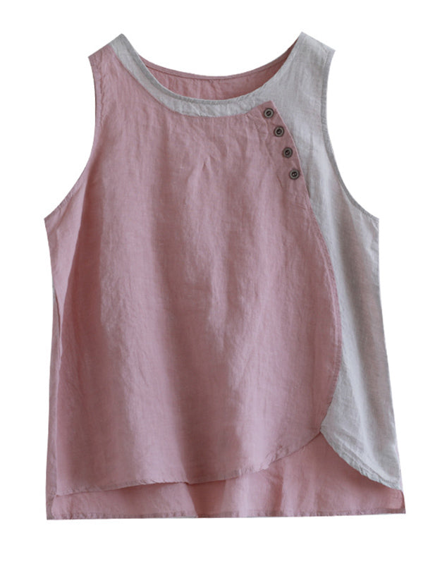 Leisure Split-Joint Linen Contrast Color Round-Neck Vest