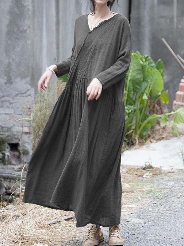 Ramie Cotton V-neck Loose Vintage Solid Midi Dresses