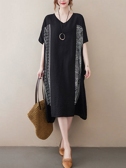 National Printed Batwing Sleeves Round-Neck Loose Midi Dress