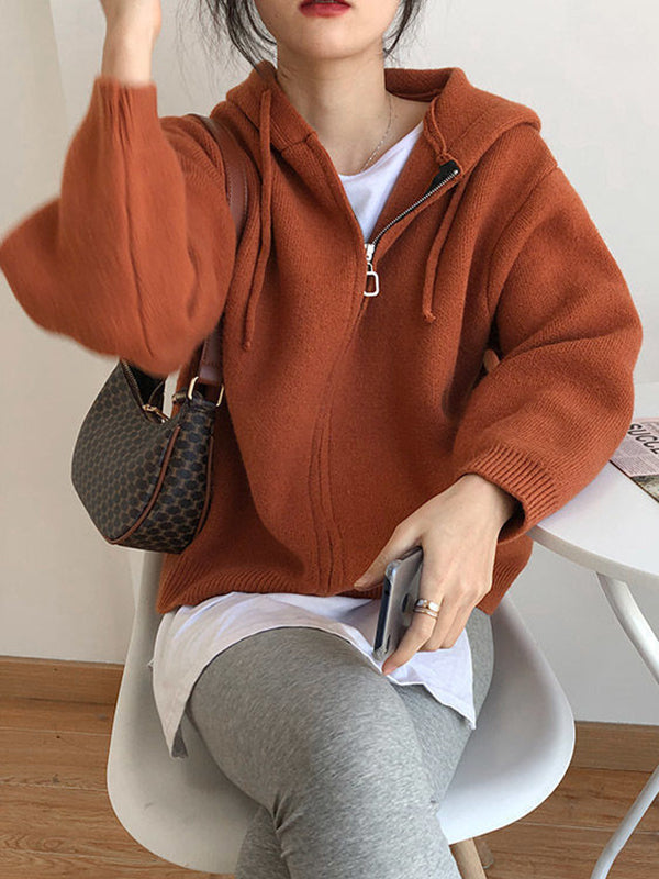Fashion Solid Knitted Long Sleeves Hooded Outerwear