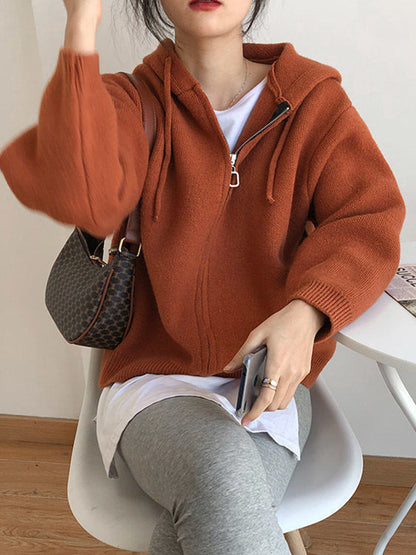 Fashion Solid Knitted Long Sleeves Hooded Outerwear
