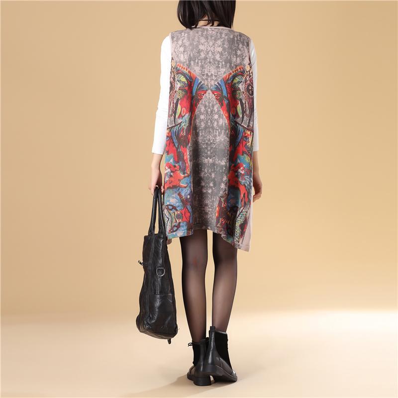 Autumn Women Round Neck Sleeveless Colorful Printing Sweater Dress