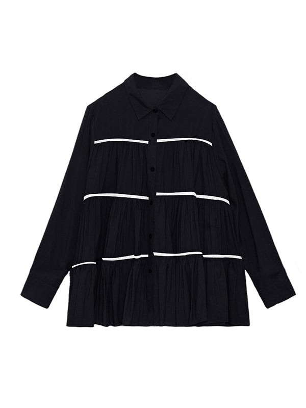 Original Buttoned Pleated Lapel Long Sleeves Blouse Tops