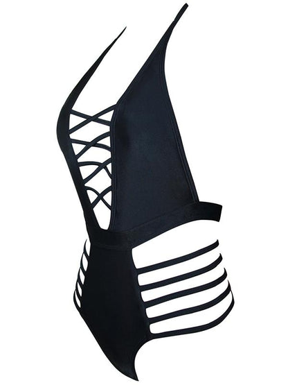 Plain Black Lace-up One-piece Swimwear