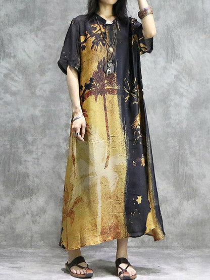 Vintage Loose Printed  Silk  Dress + Silk Cotton Braces Skirt