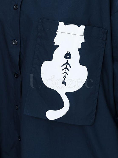 Navy-blue Loose Lapel Cat Print Blouse Dress
