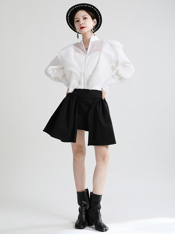 Stylish Solid Color Split-Joint Mesh Falbala Zipper Stand Collar Long Sleeves Outwear
