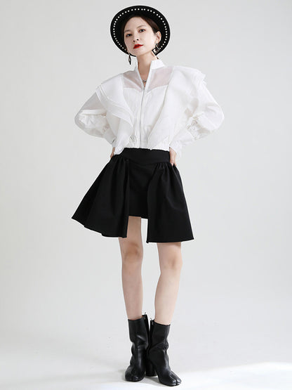 Stylish Solid Color Split-Joint Mesh Falbala Zipper Stand Collar Long Sleeves Outwear